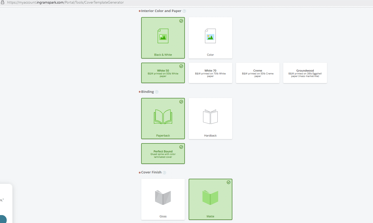 Screen capture of paper weight options.